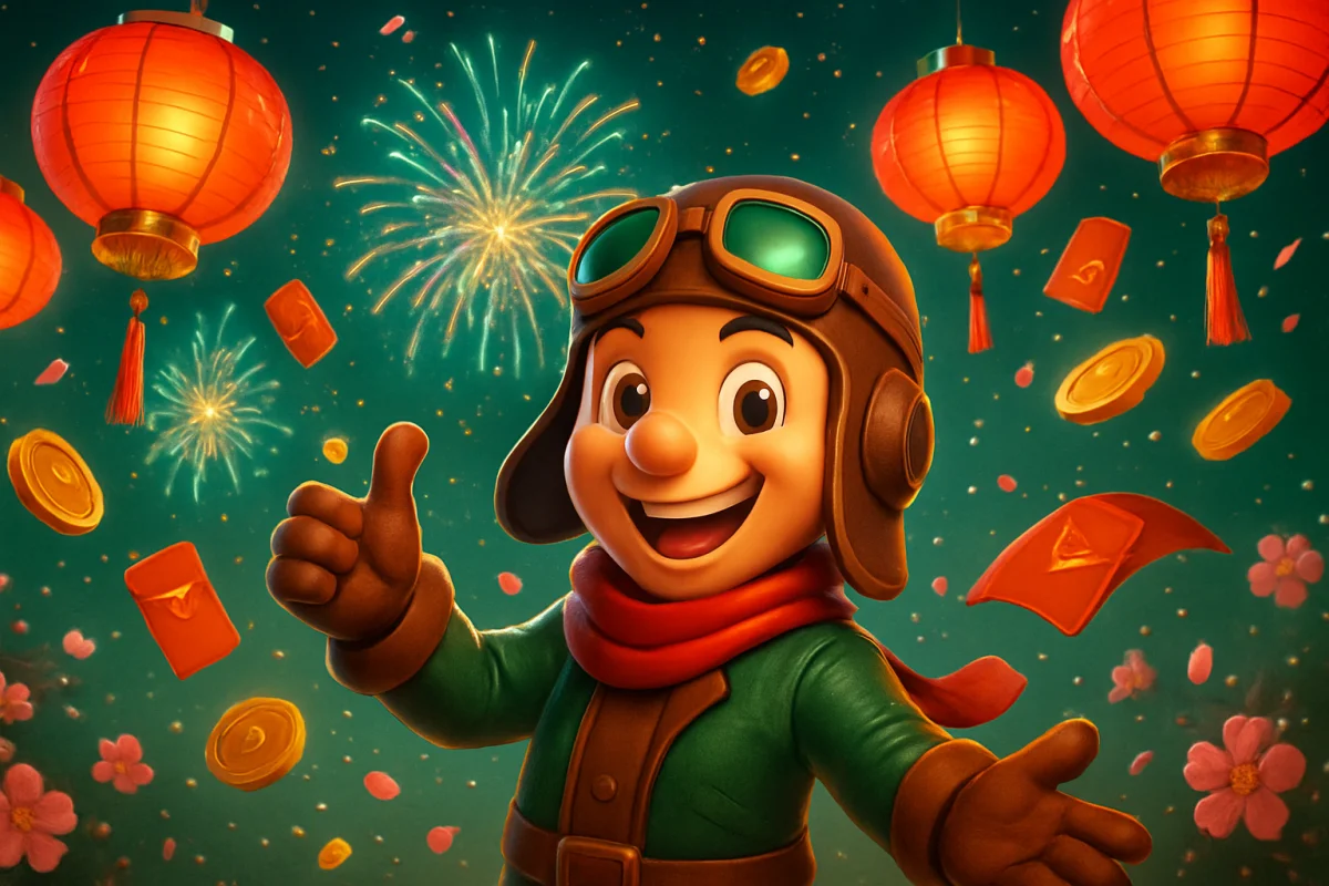 aviator — festive Chinese New Year scene with mascot, red lanterns and fireworks