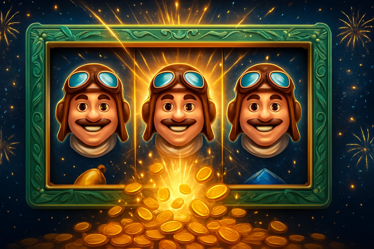 aviator — winning row of three matching mascot symbols on a slot machine reel