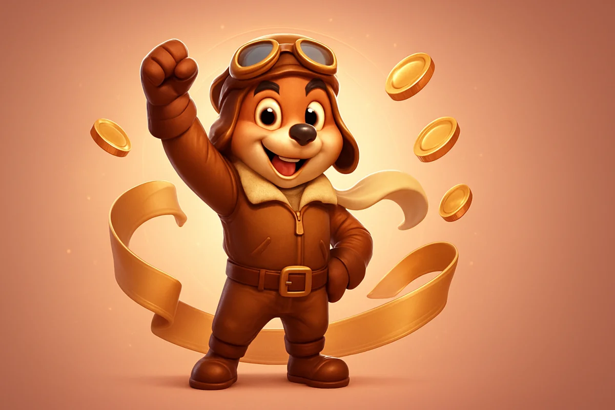 aviator — full-body hero portrait of the mascot in a victory pose on a radial background