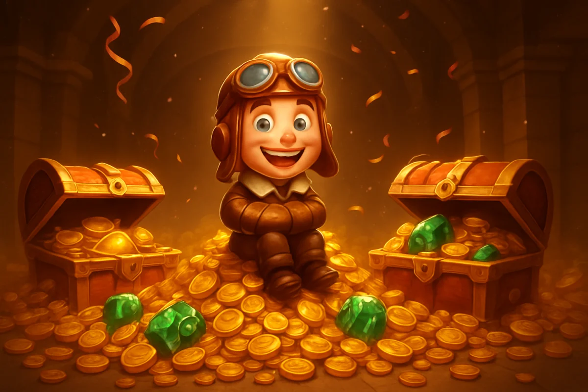 aviator — cartoon mascot standing on mountains of gold coins in a treasure vault